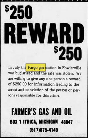 Fargo Gas - Sept 1973 Reward For Robbery